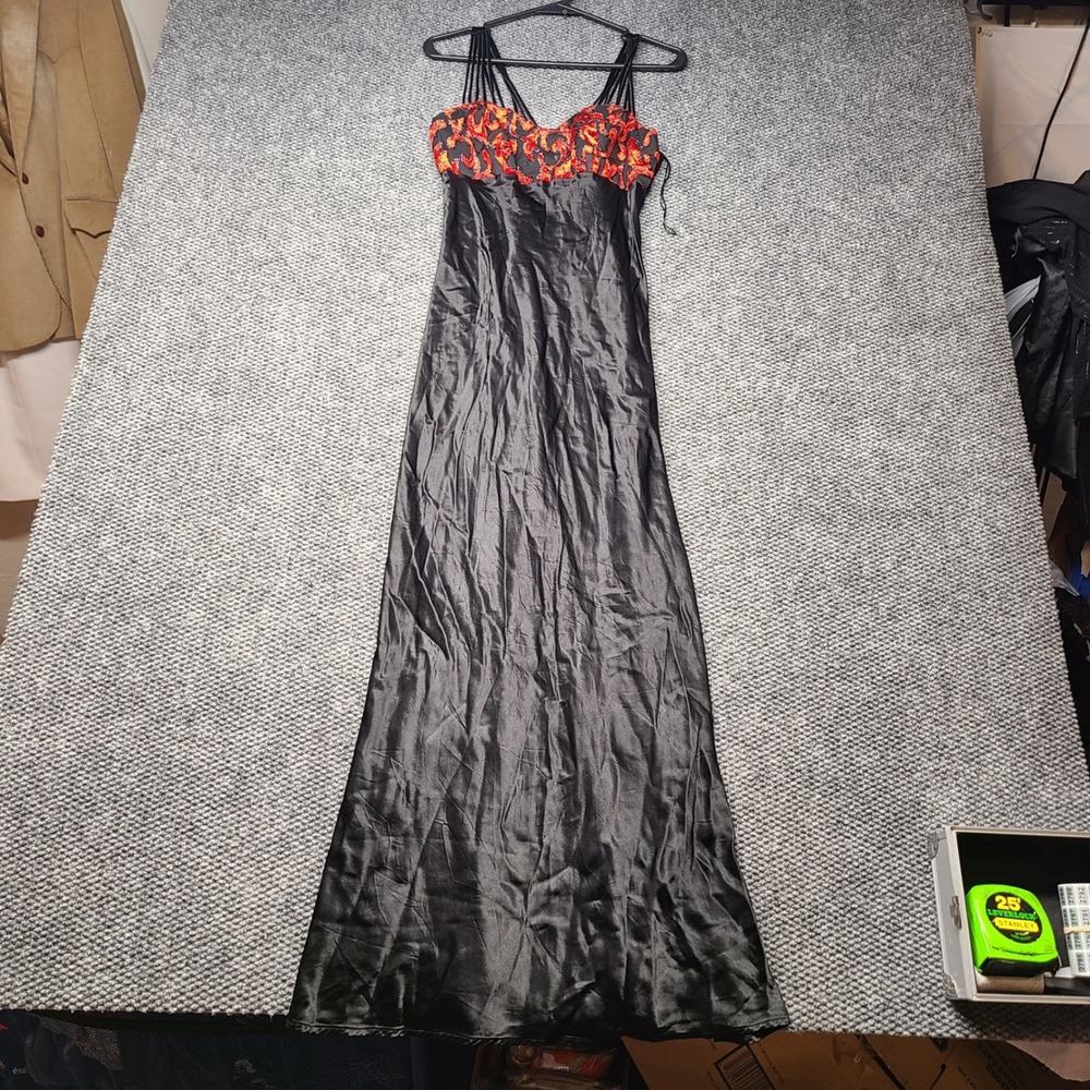 Vintage All That Jazz Black Red Satin Scroll Maxi Dress 9/10 vampirecore